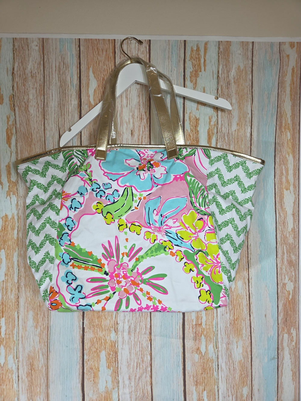 LILY PULITZER Target Canvas Tote Bag Nosie Posie Gold Handle, Shopping Beach